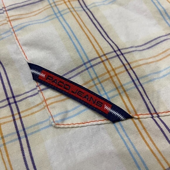 Paco Jeans Vintage Plaid Embroidered Button Down White Tan Blue Kids Size XL - Picture 4 of 11